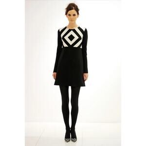 Lisa Perry Wool Mod Mini Dress Long Sleeve Geometric Black and‎ White, Size 2